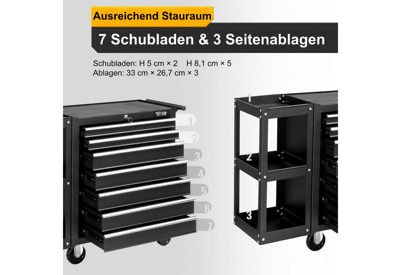 VINGLI Werkstattwagen 7 Fächer mit Seitenregal, Werkzeugwagen leer, abschließbar mit Griff & Rollen Bild 3