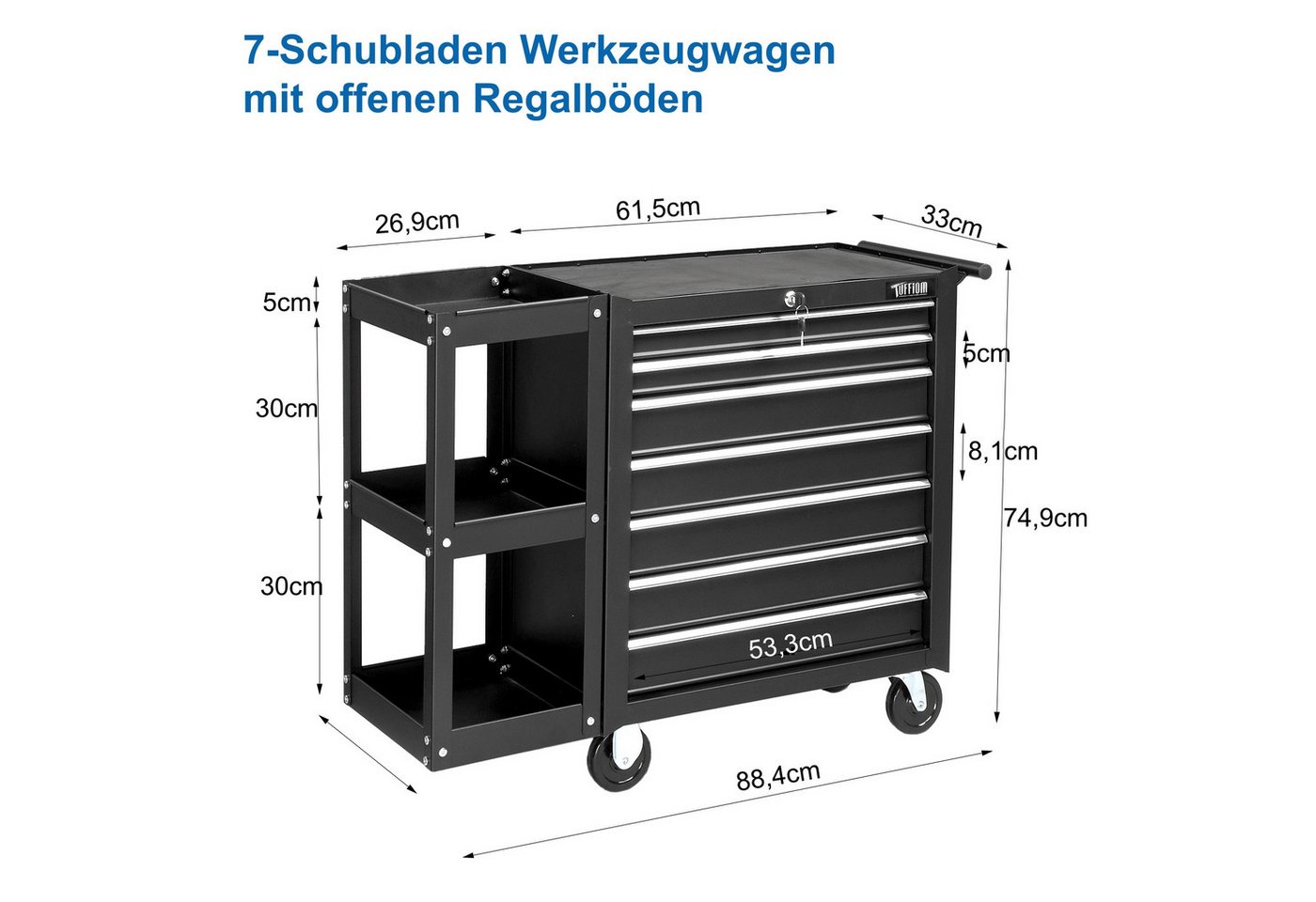 VINGLI Werkstattwagen 7 Fächer mit Seitenregal, Werkzeugwagen leer, abschließbar mit Griff & Rollen Bild 4