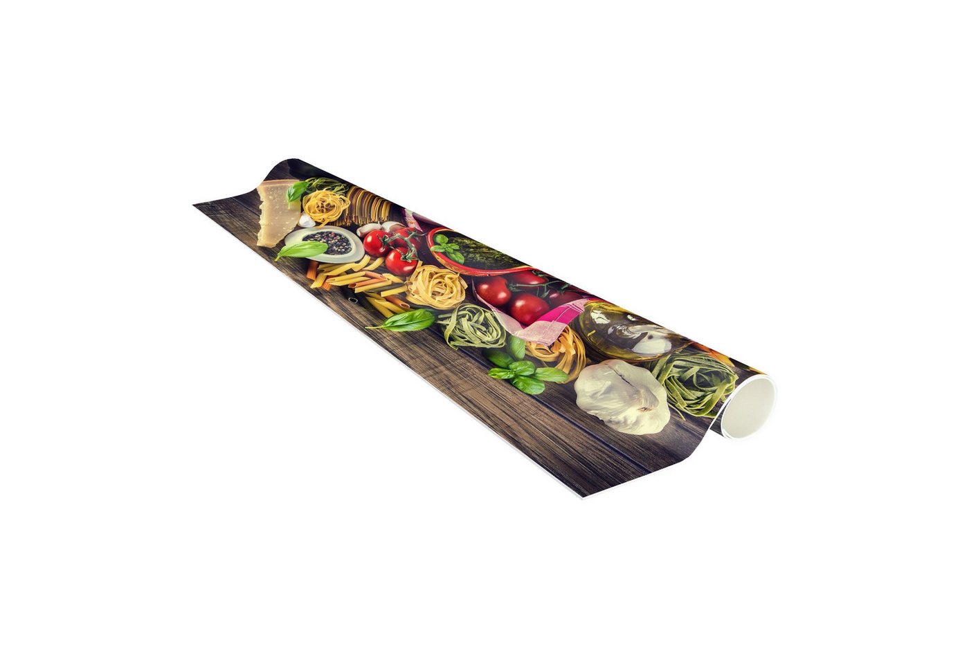 Bilderdepot24 Teppich Teppich Vinyl Küchenmatte Küche Holzoptik Nudeln Pasta lang, Läufer - bunt glatt, nass wischbar (Spritzer, Tierhaar) Saugroboter & Bodenheizung geeignet