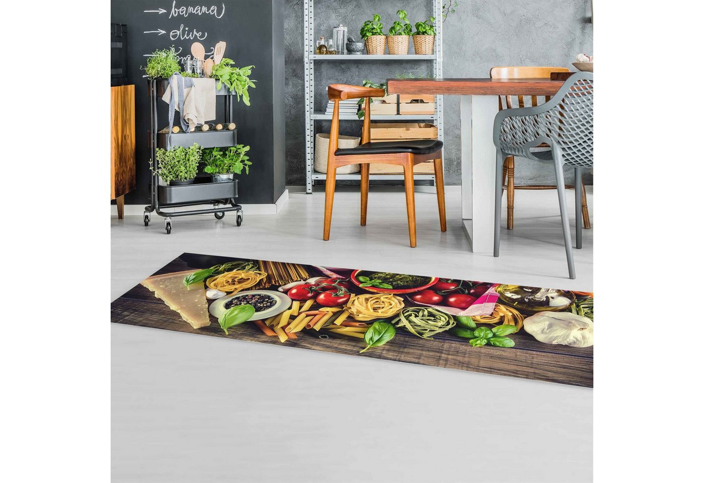 Bilderdepot24 Teppich Teppich Vinyl Küchenmatte Küche Holzoptik Nudeln Pasta lang, Läufer - bunt glatt, nass wischbar (Spritzer, Tierhaar) Saugroboter & Bodenheizung geeignet Bild 2
