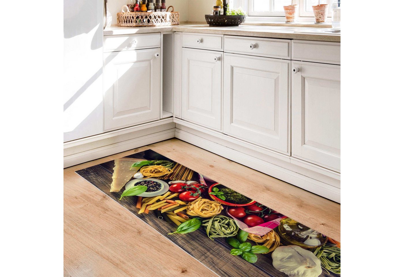 Bilderdepot24 Teppich Teppich Vinyl Küchenmatte Küche Holzoptik Nudeln Pasta lang, Läufer - bunt glatt, nass wischbar (Spritzer, Tierhaar) Saugroboter & Bodenheizung geeignet Bild 3