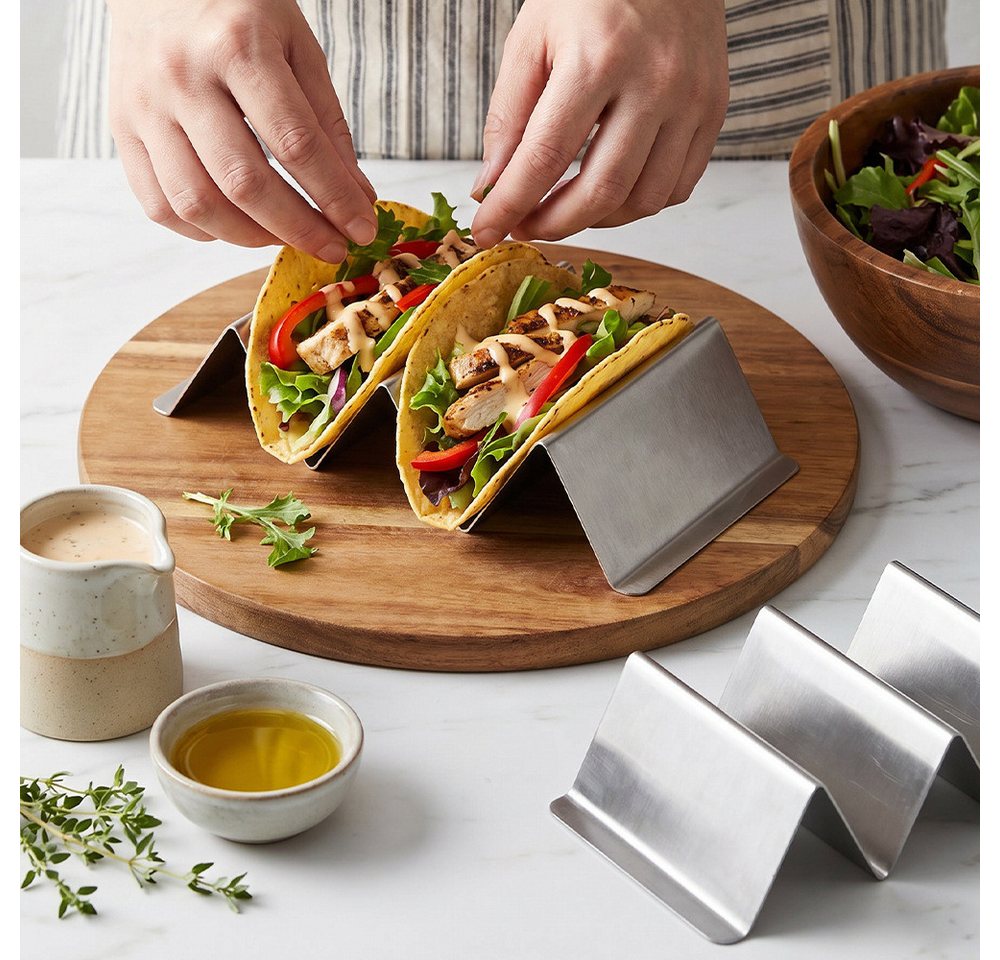 FOUORTUNATE-BEE Tortillaform 6 Edelstahl Taco-Halter mit Griff für Tacos, Sandwiches & Hotdogs, (6-tlg), Taco-Halter 6er Set aus Edelstahl mit Griff, breite Ausführung Bild 2