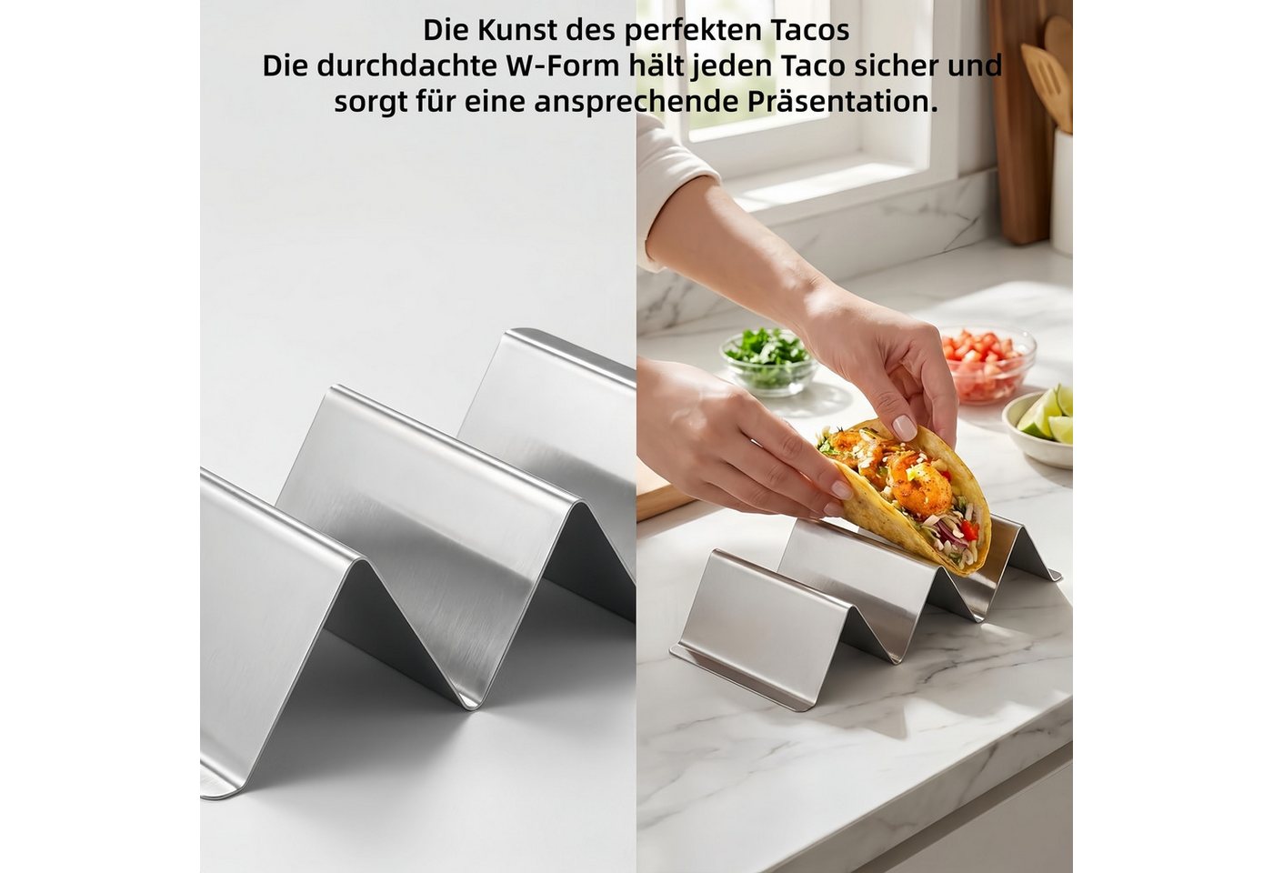 FOUORTUNATE-BEE Tortillaform 6 Edelstahl Taco-Halter mit Griff für Tacos, Sandwiches & Hotdogs, (6-tlg), Taco-Halter 6er Set aus Edelstahl mit Griff, breite Ausführung Bild 3