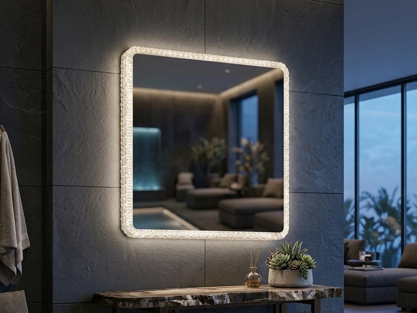 Reality Leuchten Badspiegel mit Beleuchtung Glas Quadrat 55cm, Wandleuchte und Deckenleute für Badezimmer Bild 4