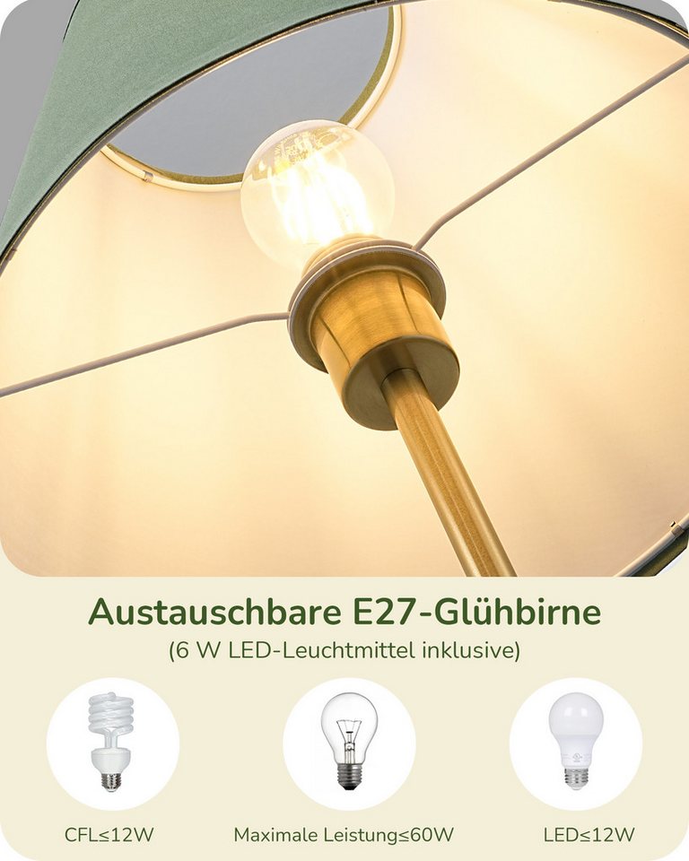 EDISHINE Stehlampe Wohnzimmer, LED wechselbar, warmweiß, Retro Stehlampe für Ecke, mit Leinenstoff-Schirm, 2700K, Grün