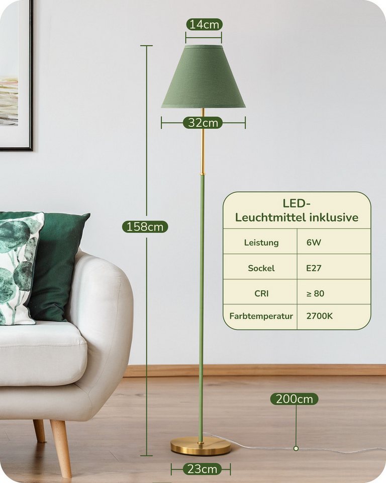 EDISHINE Stehlampe Wohnzimmer, LED wechselbar, warmweiß, Retro Stehlampe für Ecke, mit Leinenstoff-Schirm, 2700K, Grün Bild 5