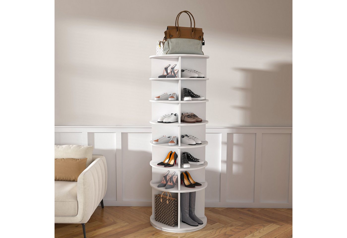 KLAM HOME Schuhregal Weißer 360° drehbarer Schuhturm mit 7 Ebenen, Freistehender Schuhständer für bis zu 28 Paar Schuhe & Stiefel, Moderner PVC Drehschuhregal mit extra hoher Stiefelbasis