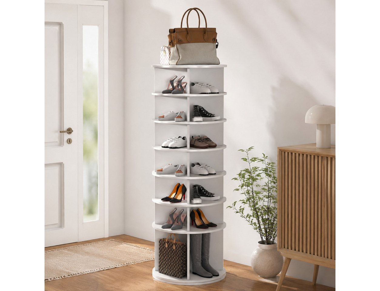 KLAM HOME Schuhregal Weißer 360° drehbarer Schuhturm mit 7 Ebenen, Freistehender Schuhständer für bis zu 28 Paar Schuhe & Stiefel, Moderner PVC Drehschuhregal mit extra hoher Stiefelbasis Bild 5