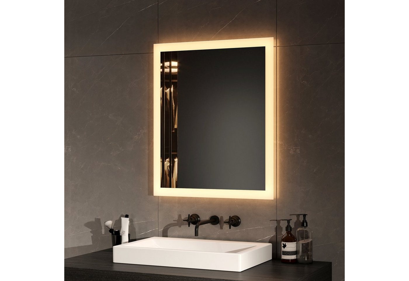 EMKE Badspiegel mit LED-Beleuchtung, Knopfschalter und 2 Lichtfarben, Antibeschlag (Breite: 60~120cm, Vertikal und Horizontal möglich), Warmweiß/Kaltweiß, Dimmbar, 2 Lichtfarbe, IP44