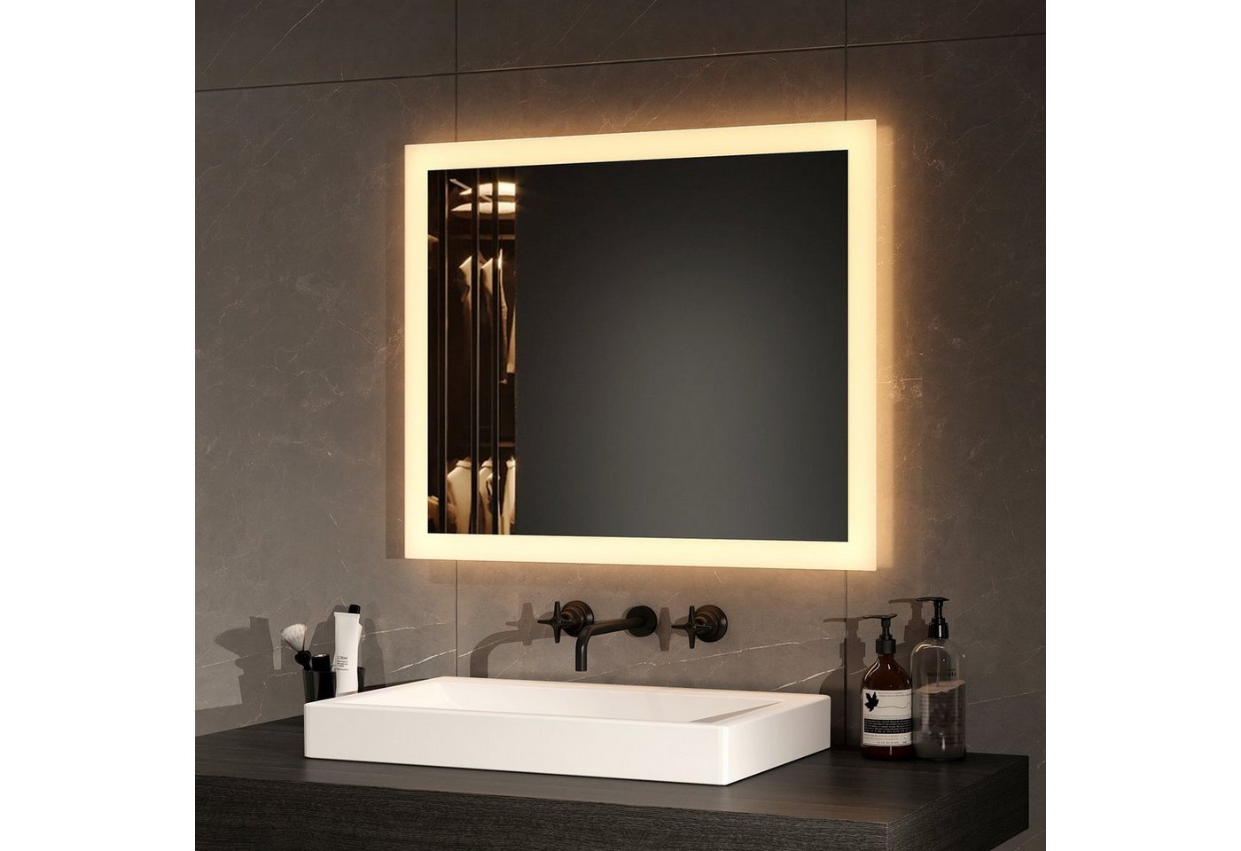 EMKE Badspiegel mit LED-Beleuchtung, Knopfschalter und 2 Lichtfarben, Antibeschlag (Breite: 60~120cm, Vertikal und Horizontal möglich), Warmweiß/Kaltweiß, Dimmbar, 2 Lichtfarbe, IP44 Bild 2