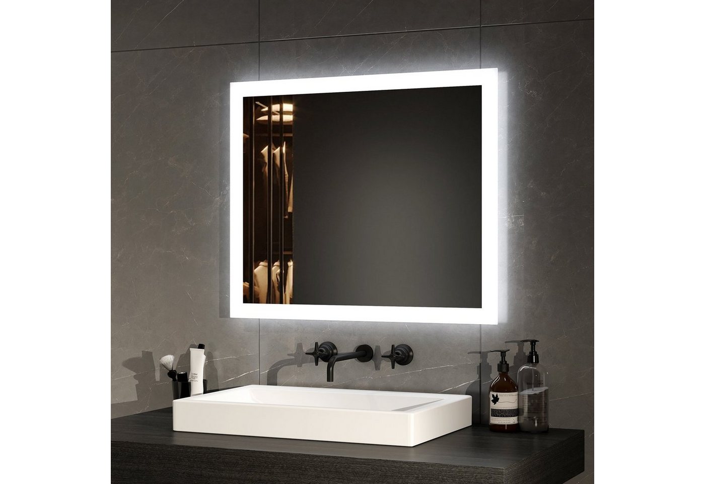 EMKE Badspiegel mit LED-Beleuchtung, Knopfschalter und 2 Lichtfarben, Antibeschlag (Breite: 60~120cm, Vertikal und Horizontal möglich), Warmweiß/Kaltweiß, Dimmbar, 2 Lichtfarbe, IP44 Bild 3