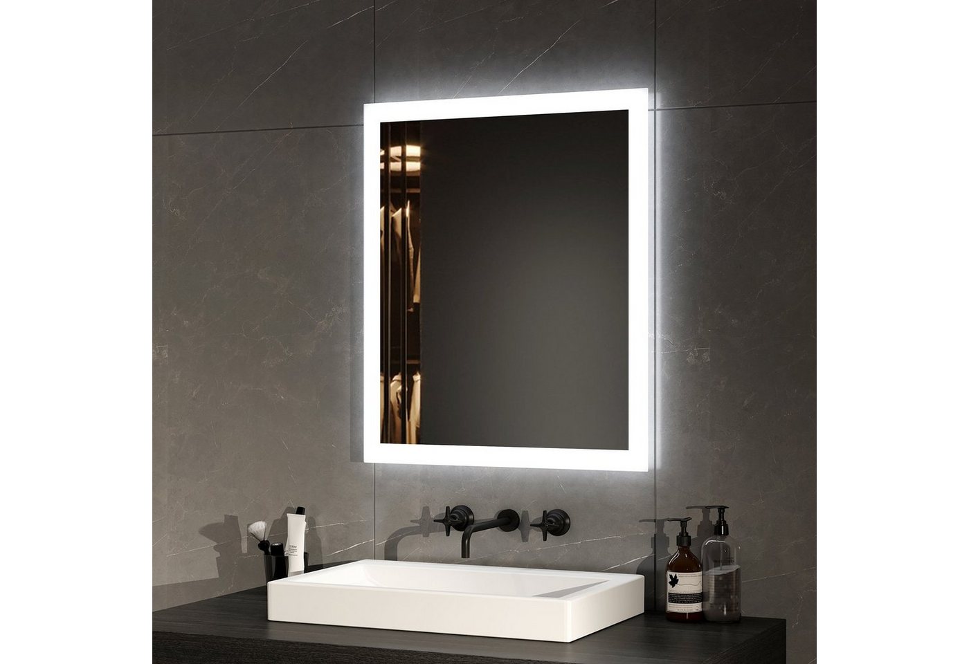 EMKE Badspiegel mit LED-Beleuchtung, Knopfschalter und 2 Lichtfarben, Antibeschlag (Breite: 60~120cm, Vertikal und Horizontal möglich), Warmweiß/Kaltweiß, Dimmbar, 2 Lichtfarbe, IP44 Bild 4