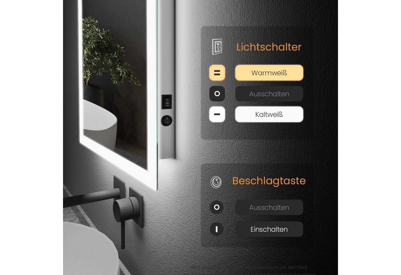 EMKE Badspiegel mit LED-Beleuchtung, Knopfschalter und 2 Lichtfarben, Antibeschlag (Breite: 60~120cm, Vertikal und Horizontal möglich), Warmweiß/Kaltweiß, Dimmbar, 2 Lichtfarbe, IP44 Bild 5