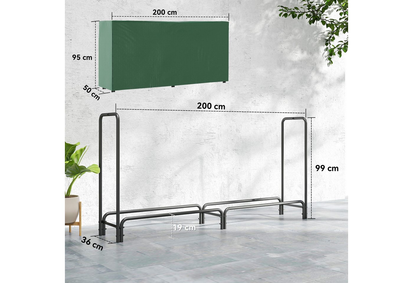 Outsunny Kaminholzregal verstellbar Brennholzregal mit wasserabweisend Abdeckung, BxTxH:200x36x99 cm, (Feuerholzregal, 1-St., Holzlager), für Garten, Terrasse, Metall, Schwarz Bild 2