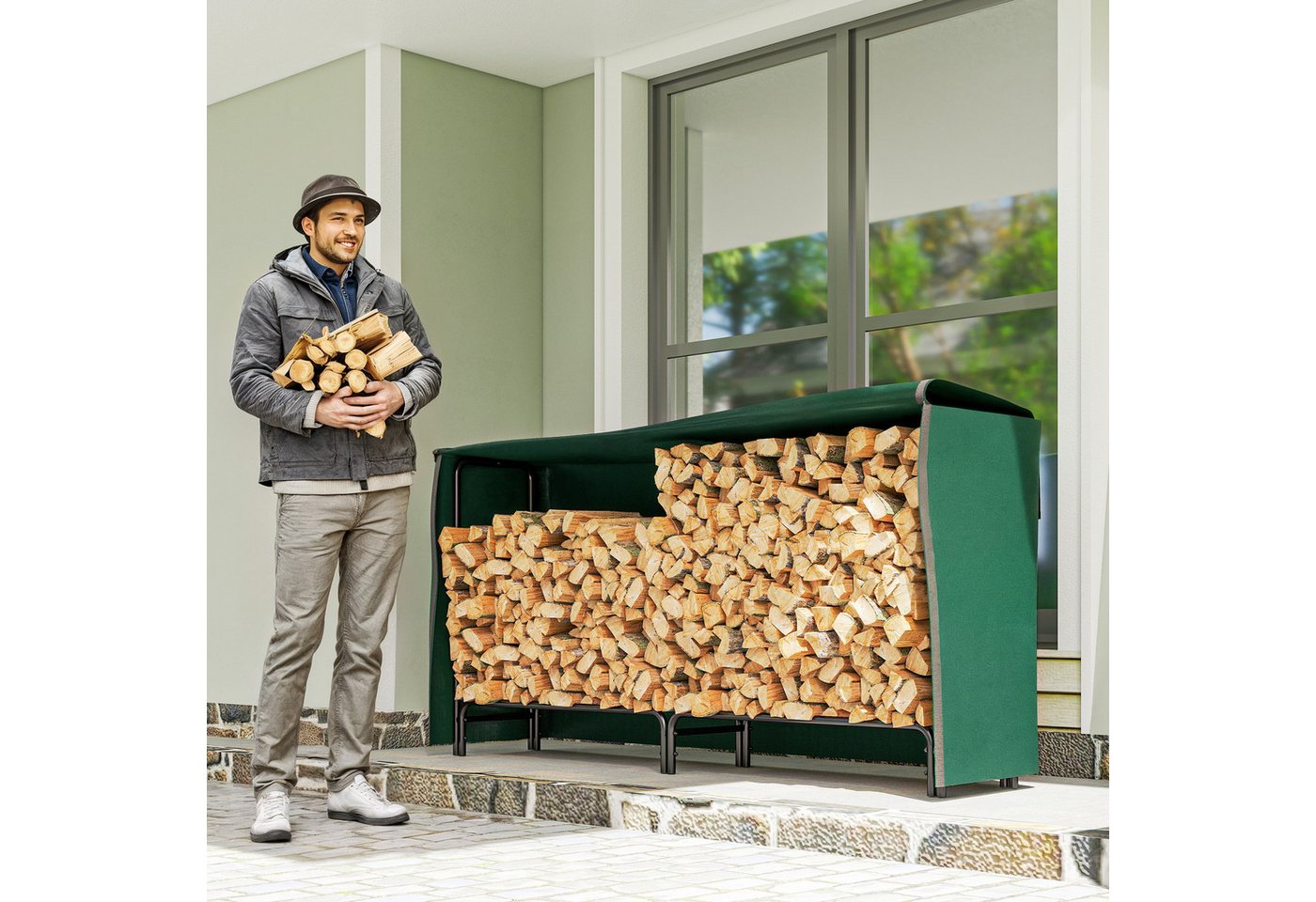 Outsunny Kaminholzregal verstellbar Brennholzregal mit wasserabweisend Abdeckung, BxTxH:200x36x99 cm, (Feuerholzregal, 1-St., Holzlager), für Garten, Terrasse, Metall, Schwarz Bild 4