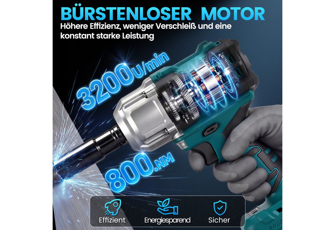 Bundviel Akku-Schlagschrauber 800Nm 21V Bürstenloser Akku Schlagschrauber mit 2x 4000mAh Akku, 3200 U/min, 800 Nm, Elektro-Schlagschrauber für Reparaturen und Heimwerken Bild 3