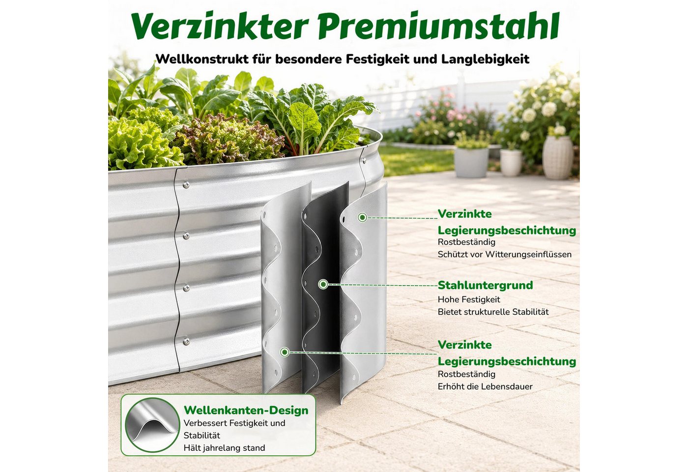 BlingBin Hochbeet Pflanzgefäße Verzinkter Hochbeete für die Gartenarbeit, 120x60x30cm (1er Set, 1 St., Rostbeständig, Wetterfest), Ovaler Gartenbeet mit Werkzeug für Gemüse, Blumen, Obst, Silber