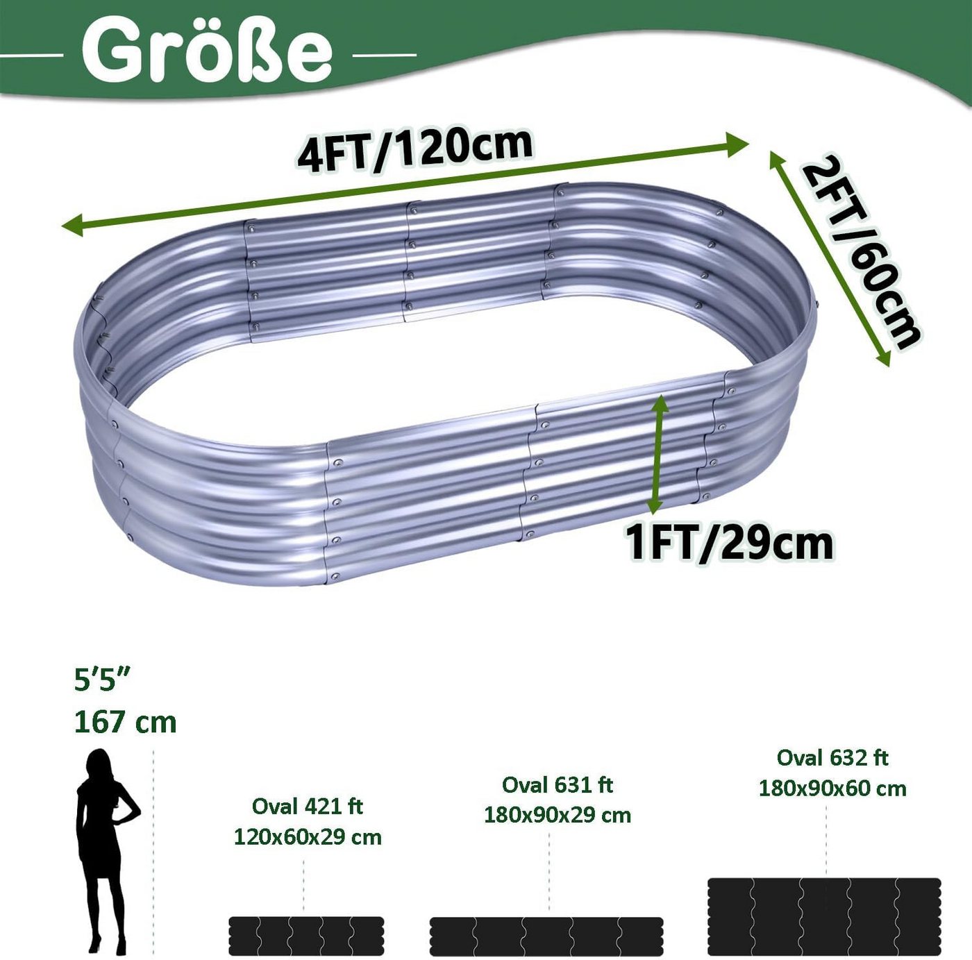 BlingBin Hochbeet Pflanzgefäße Verzinkter Hochbeete für die Gartenarbeit, 120x60x30cm (1er Set, 1 St., Rostbeständig, Wetterfest), Ovaler Gartenbeet mit Werkzeug für Gemüse, Blumen, Obst, Silber Bild 3