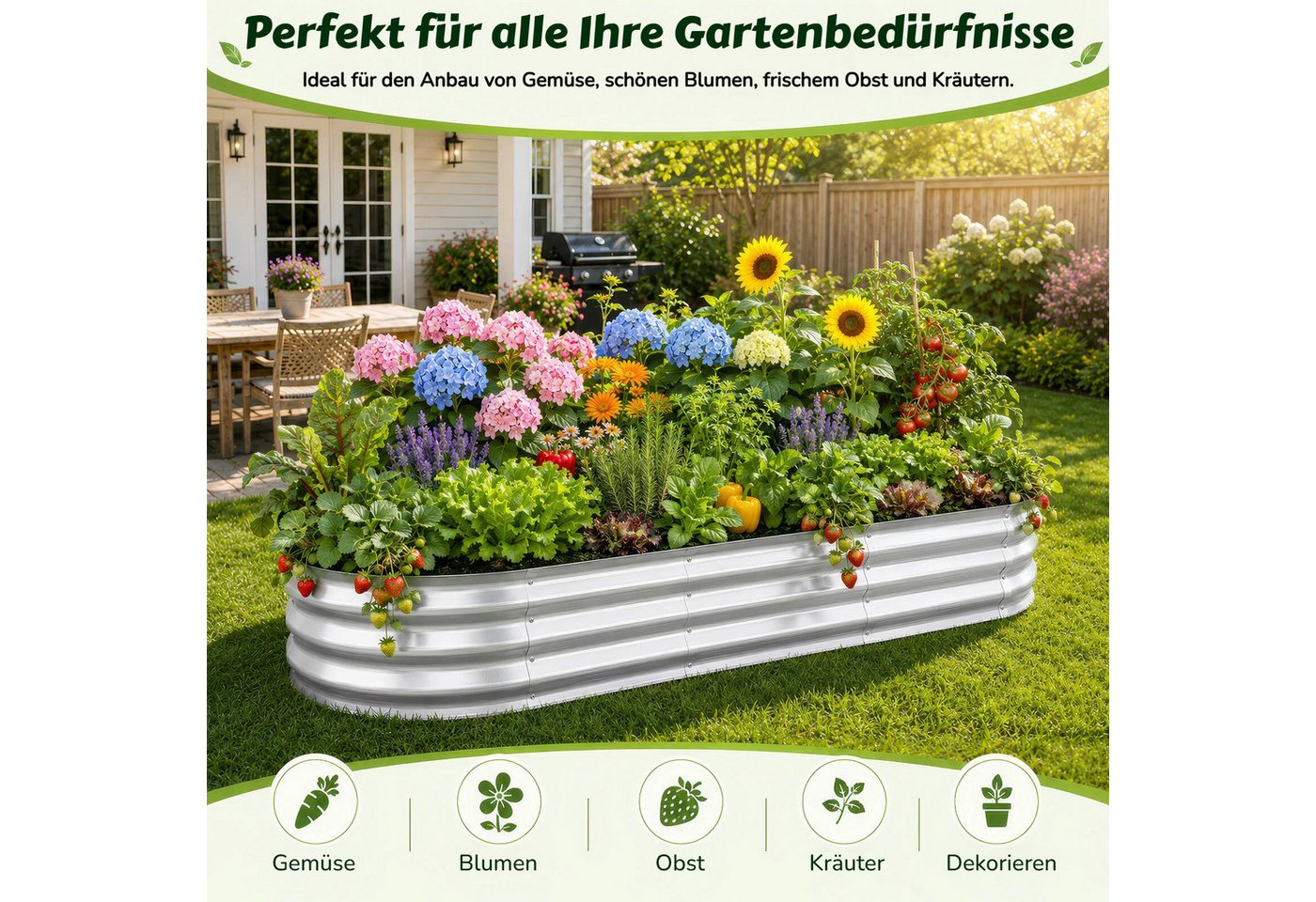 BlingBin Hochbeet Pflanzgefäße Verzinkter Hochbeete für die Gartenarbeit, 120x60x30cm (1er Set, 1 St., Rostbeständig, Wetterfest), Ovaler Gartenbeet mit Werkzeug für Gemüse, Blumen, Obst, Silber Bild 4