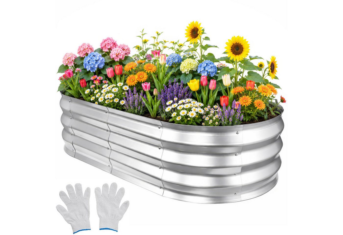 BlingBin Hochbeet Pflanzgefäße Verzinkter Hochbeete für die Gartenarbeit, 120x60x30cm (1er Set, 1 St., Rostbeständig, Wetterfest), Ovaler Gartenbeet mit Werkzeug für Gemüse, Blumen, Obst, Silber Bild 5