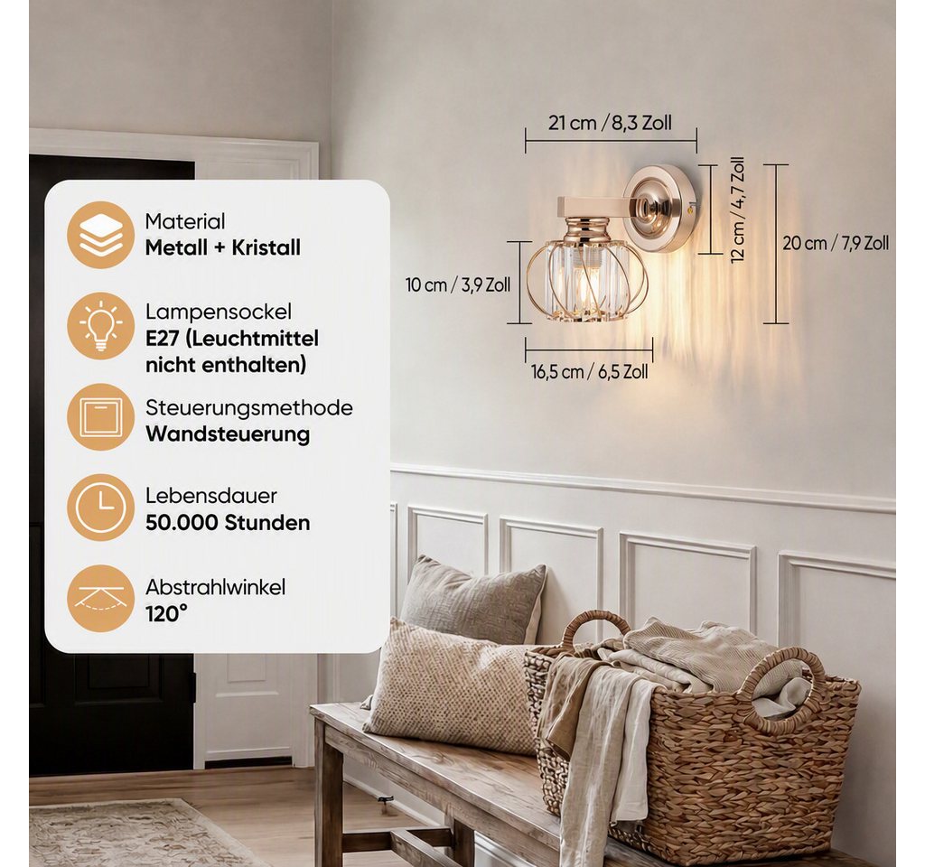BlingBin Wandleuchte Goldene Kristall Innen,E27 Wohnzimmer Wandlampe Moderne, Gold Metall, ohne Leuchtmittel, Kristallwandleuchte für Wohnzimmer Korridor Esszimmer Bild 3