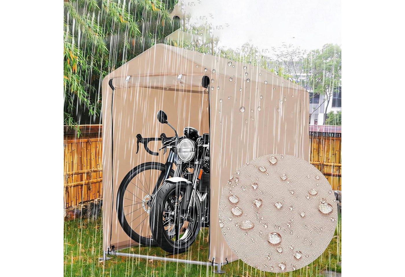 GarveeMore Gerätehaus Fahrradgarage 420D Wasserdicht 1-2 Fahrräder Stahlrahmen UV-Schutz, Spitzdach gegen Stauwasser, Werkzeuglose Montage, Kompakter Stauraum
