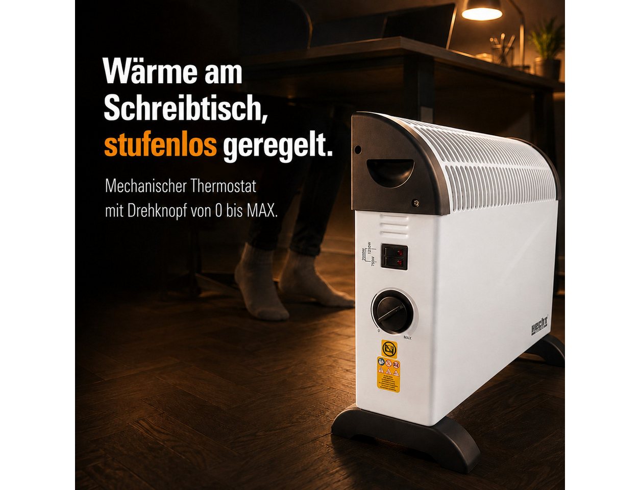 Hecht Konvektor Elektro Heizung 750-2000W 30m³ mit Standfüßen, stufenloses Thermostat, 2000 W, Tragegriff, 220-240V, 2,5kg, IP20, 3 Leistungsstufen Bild 2