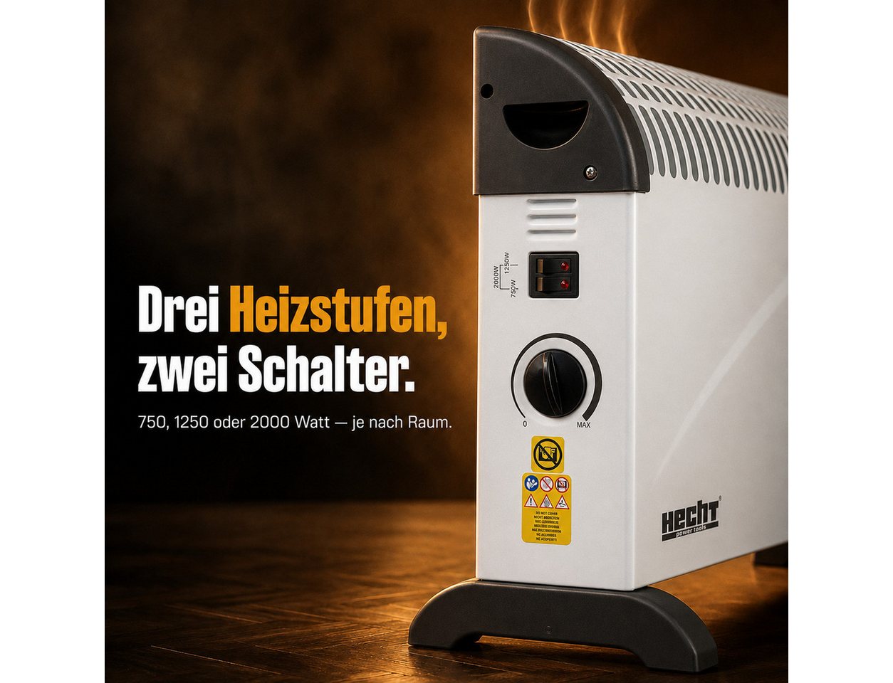 Hecht Konvektor Elektro Heizung 750-2000W 30m³ mit Standfüßen, stufenloses Thermostat, 2000 W, Tragegriff, 220-240V, 2,5kg, IP20, 3 Leistungsstufen Bild 3