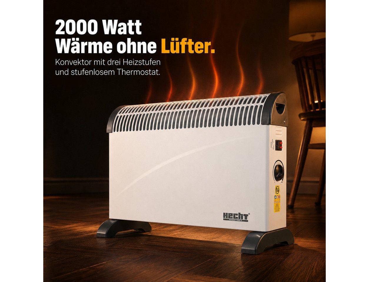 Hecht Konvektor Elektro Heizung 750-2000W 30m³ mit Standfüßen, stufenloses Thermostat, 2000 W, Tragegriff, 220-240V, 2,5kg, IP20, 3 Leistungsstufen Bild 5