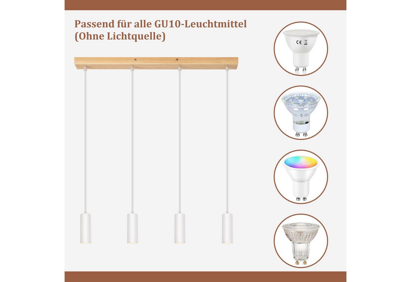 Nettlife Pendelleuchte Pendelleuchte 4 Flammig GU10 Holz Weiß, Höhenverstellbar, LED wechselbar, Pendellampe für Esszimmer Küche Café Wohnzimmer