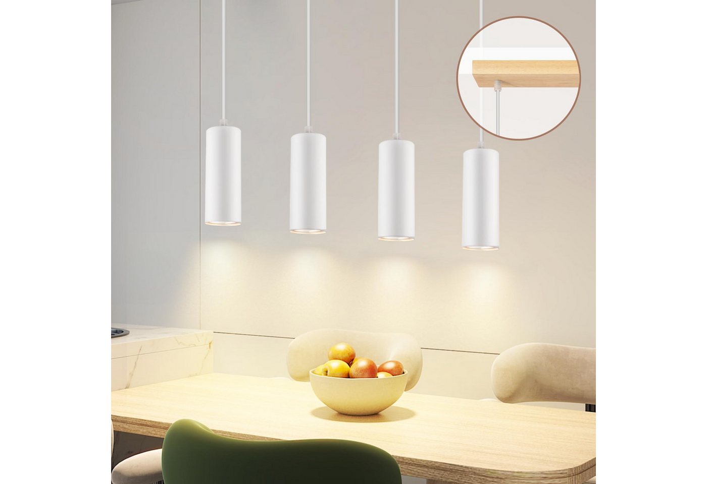 Nettlife Pendelleuchte Pendelleuchte 4 Flammig GU10 Holz Weiß, Höhenverstellbar, LED wechselbar, Pendellampe für Esszimmer Küche Café Wohnzimmer Bild 2