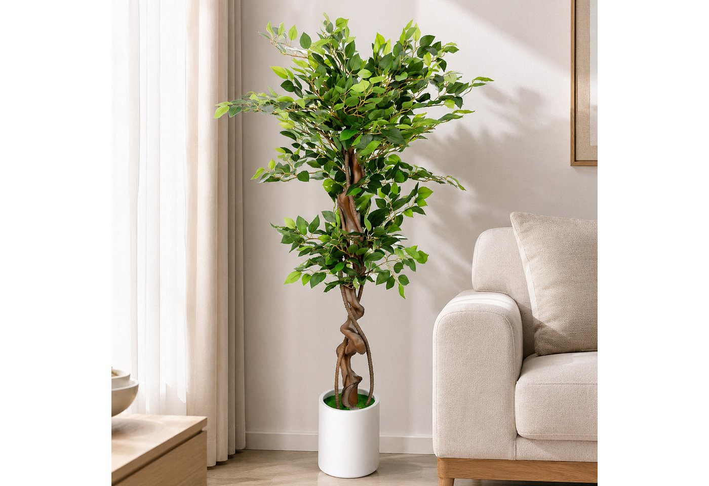 Kunstpflanze Künstlicher Banyanbaum Kunstpflanze mit Massivholzstamm, Topf, BlingBin, Höhe 120 cm, Kunstpflanze für Wohnzimmer Schlafzimmer Büro, Grün