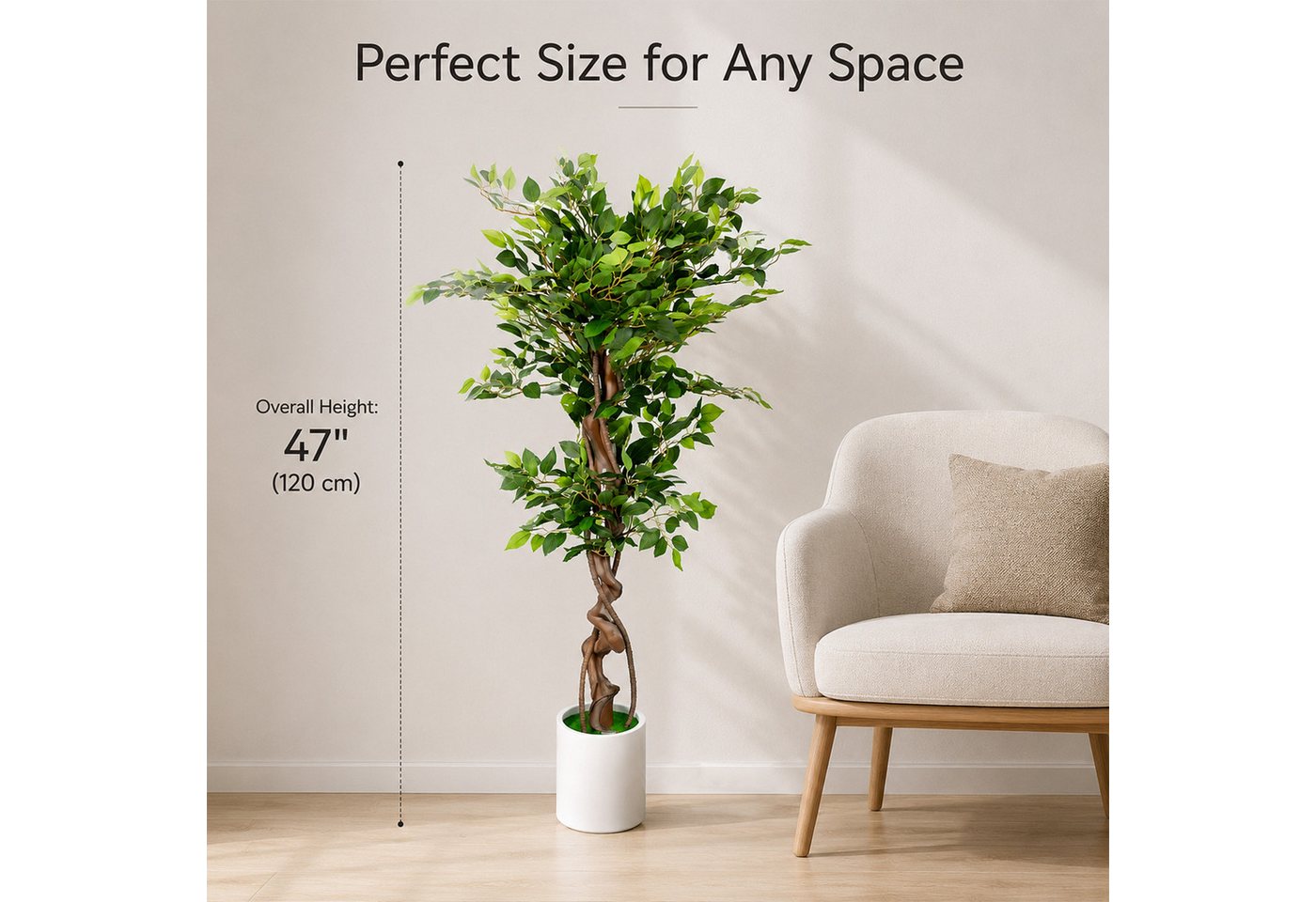 Kunstpflanze Künstlicher Banyanbaum Kunstpflanze mit Massivholzstamm, Topf, BlingBin, Höhe 120 cm, Kunstpflanze für Wohnzimmer Schlafzimmer Büro, Grün Bild 2