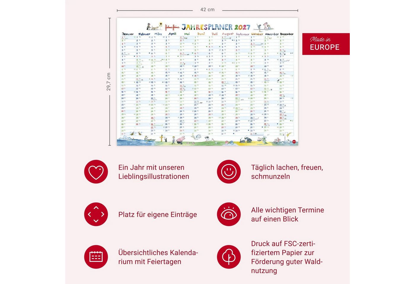 HEYE Wandkalender Helme Heine: Tafelkalender A3 2027