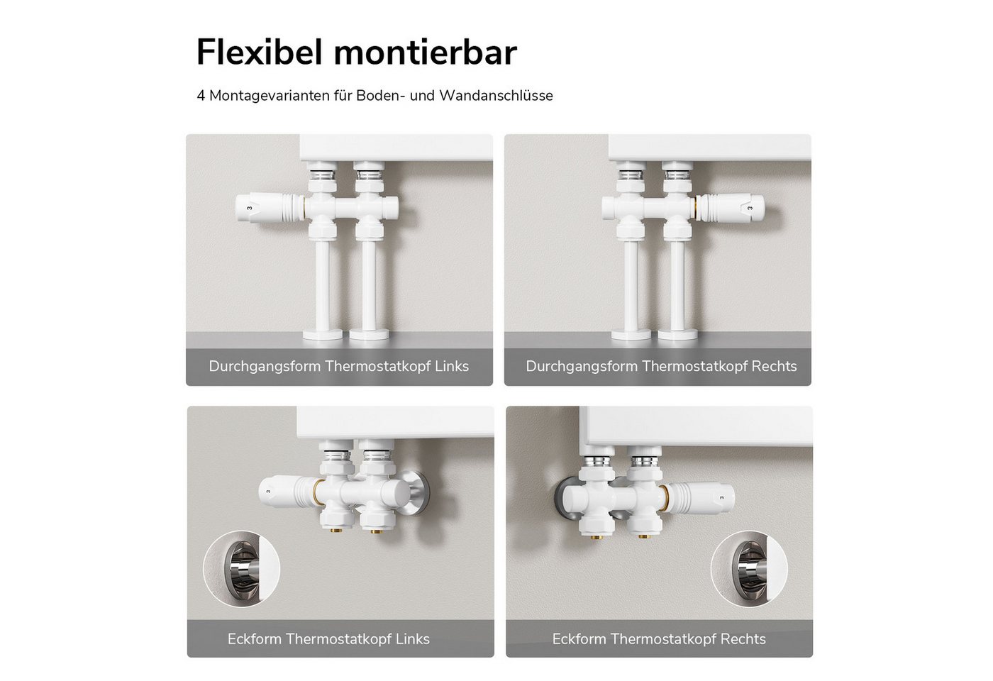 Heilmetz Heizkörperthermostat Multiblock Set für Heizkörper Messing Anschlussarmatur, (Geeignet für 15 mm tubes en cuivre und 16 mm Mehrschichtrohre, 1 St., G 1/2", 50mm Anschluss mittig-unten) Eck- und Durchgangsform Anschlussarmatur, Weiß / Anthrazit / Chrom