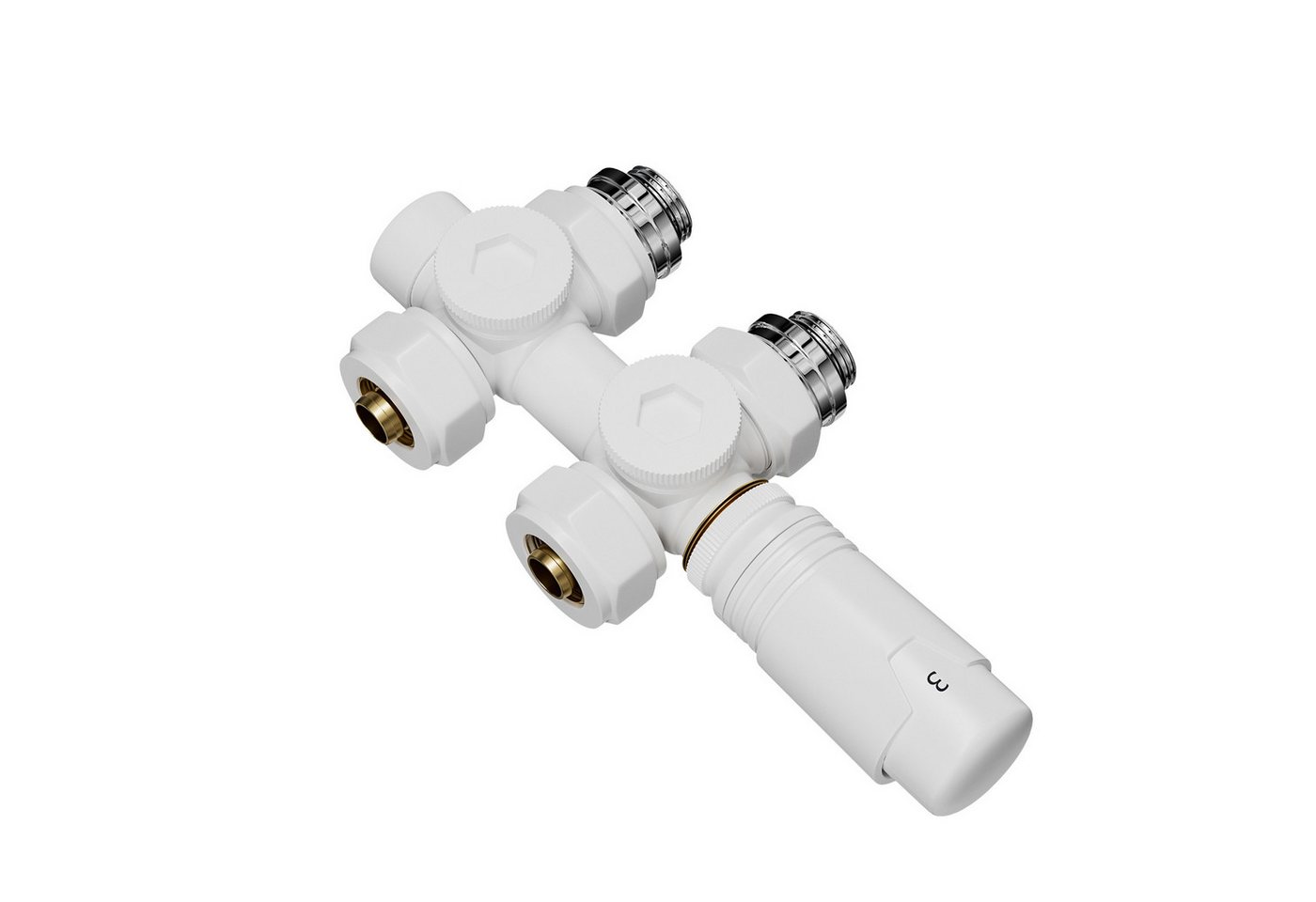 Heilmetz Heizkörperthermostat Multiblock Set für Heizkörper Messing Anschlussarmatur, (Geeignet für 15 mm tubes en cuivre und 16 mm Mehrschichtrohre, 1 St., G 1/2", 50mm Anschluss mittig-unten) Eck- und Durchgangsform Anschlussarmatur, Weiß / Anthrazit / Chrom Bild 2