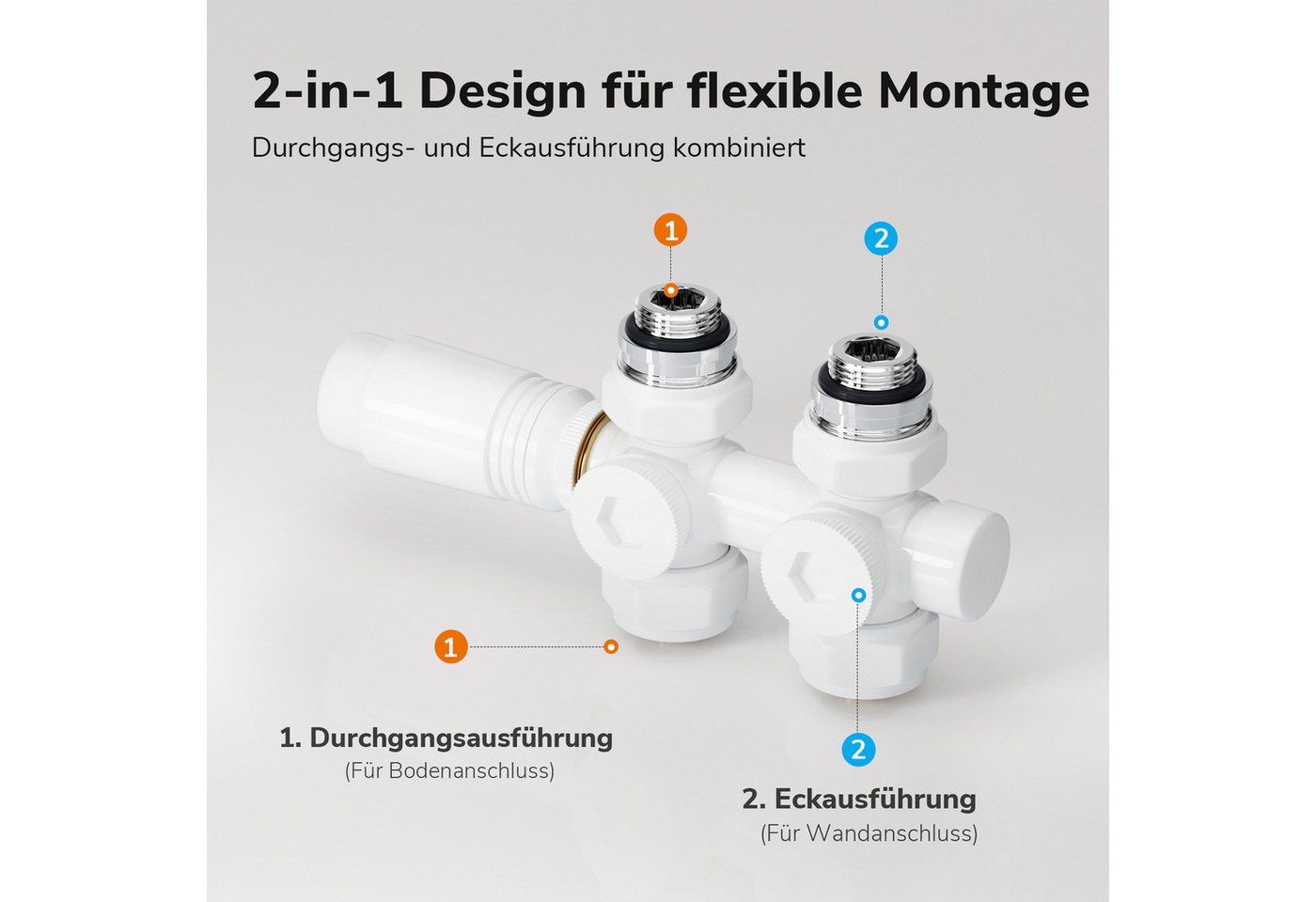 Heilmetz Heizkörperthermostat Multiblock Set für Heizkörper Messing Anschlussarmatur, (Geeignet für 15 mm tubes en cuivre und 16 mm Mehrschichtrohre, 1 St., G 1/2", 50mm Anschluss mittig-unten) Eck- und Durchgangsform Anschlussarmatur, Weiß / Anthrazit / Chrom Bild 3