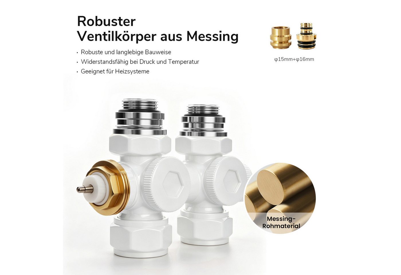 Heilmetz Heizkörperthermostat Multiblock Set für Heizkörper Messing Anschlussarmatur, (Geeignet für 15 mm tubes en cuivre und 16 mm Mehrschichtrohre, 1 St., G 1/2", 50mm Anschluss mittig-unten) Eck- und Durchgangsform Anschlussarmatur, Weiß / Anthrazit / Chrom Bild 5