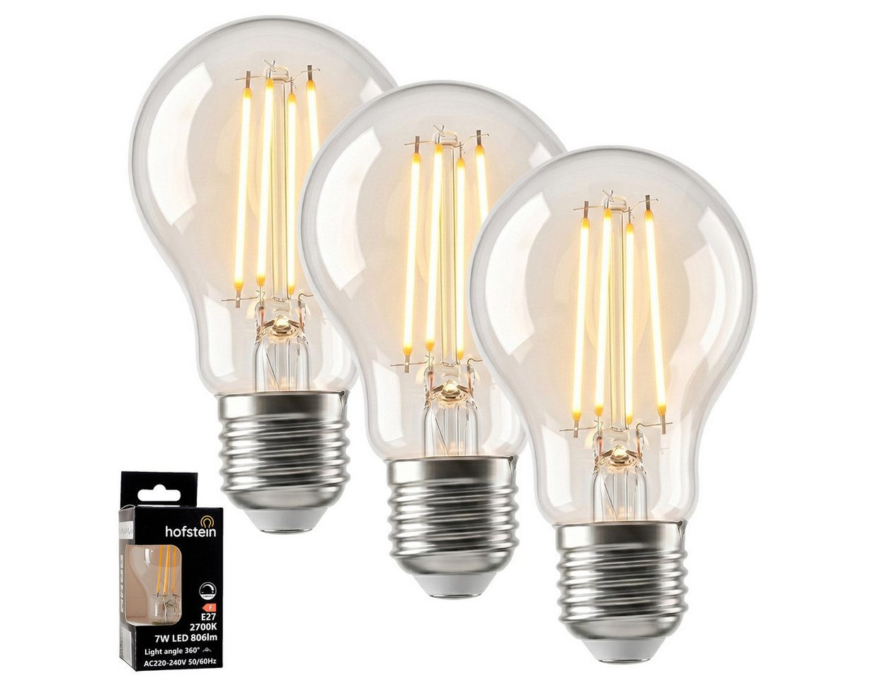 hofstein LED-Leuchtmittel 3er Set Glühbirne Warmweiß dimmbar 7 Watt, E27, 2700 Kelvin, 800 Lumen, Klassisch, Filament, Klar Bild 5