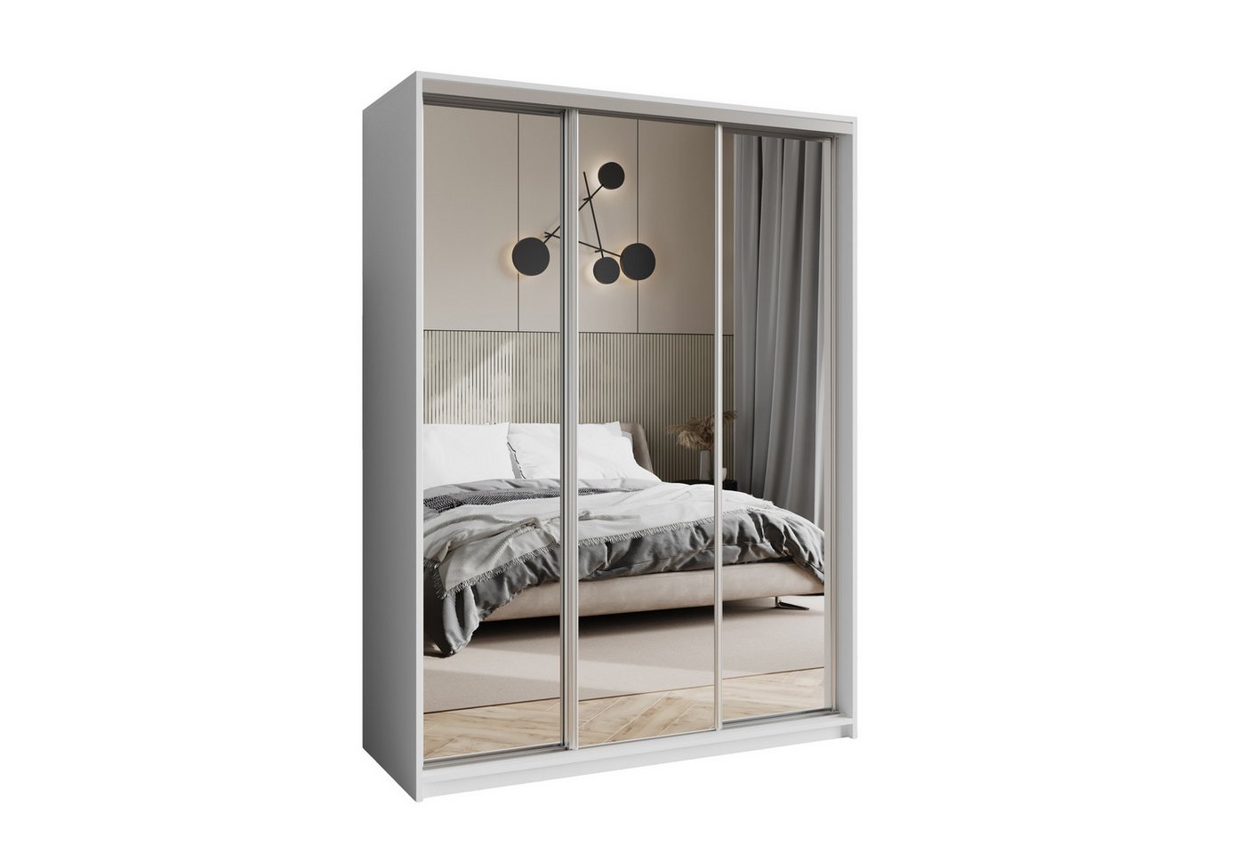 Masseno Schwebetürenschrank RIEN 150 cm Kleiderschrank mit Spiegel 3 Türen und 4 Schubladen Weiß