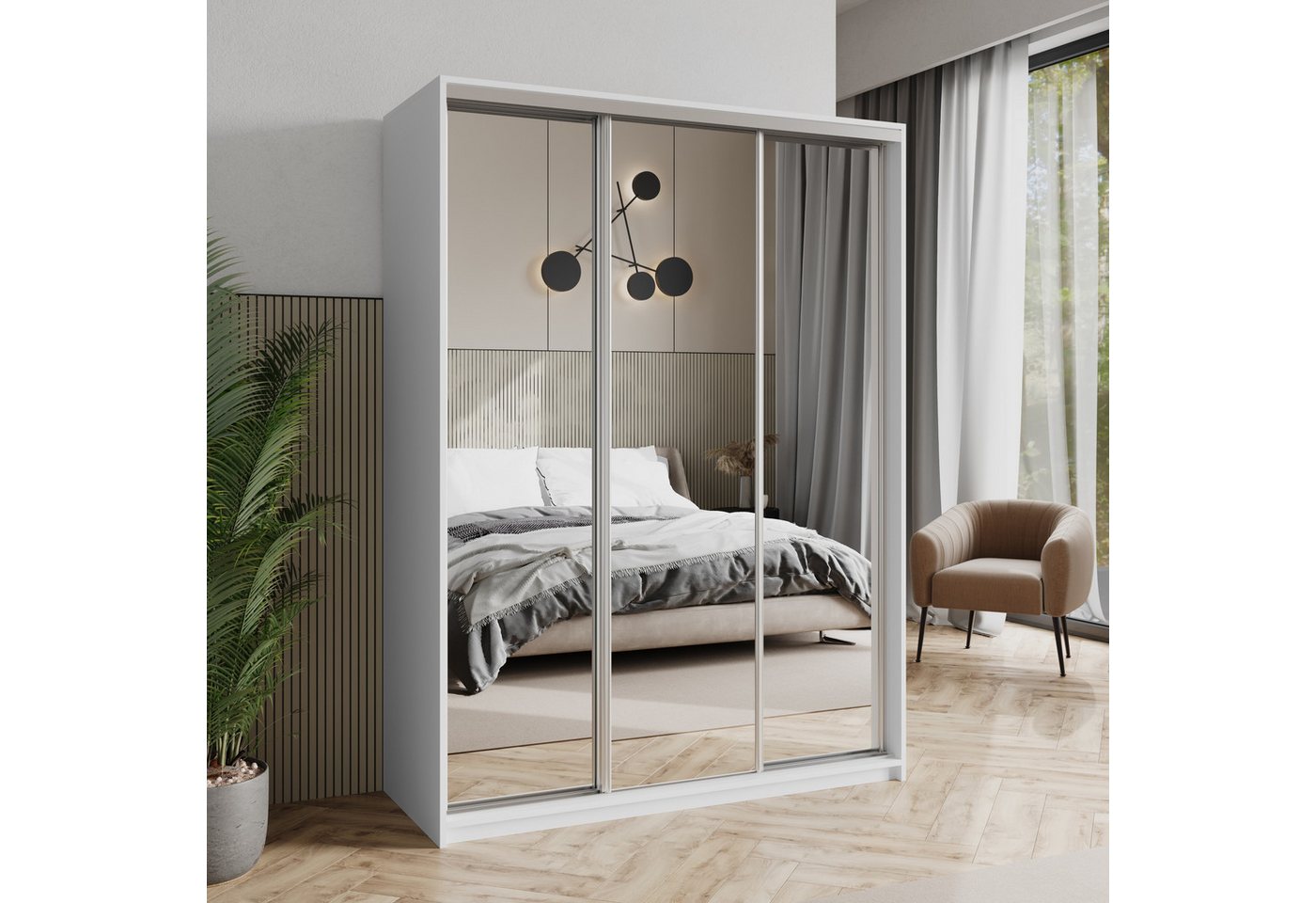 Masseno Schwebetürenschrank RIEN 150 cm Kleiderschrank mit Spiegel 3 Türen und 4 Schubladen Weiß Bild 3