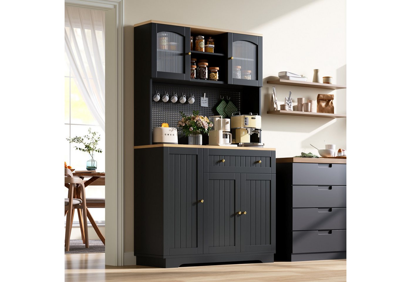 Flieks Küchenbuffet Hochschrank mit Lochwand, Glastüren, verstellbaren Einlegeböden (B103,5xT40xH180 cm) Mehrzweckschrank Küchenschrank mit Arbeitsplatte Vitrine Schwarz Bild 3