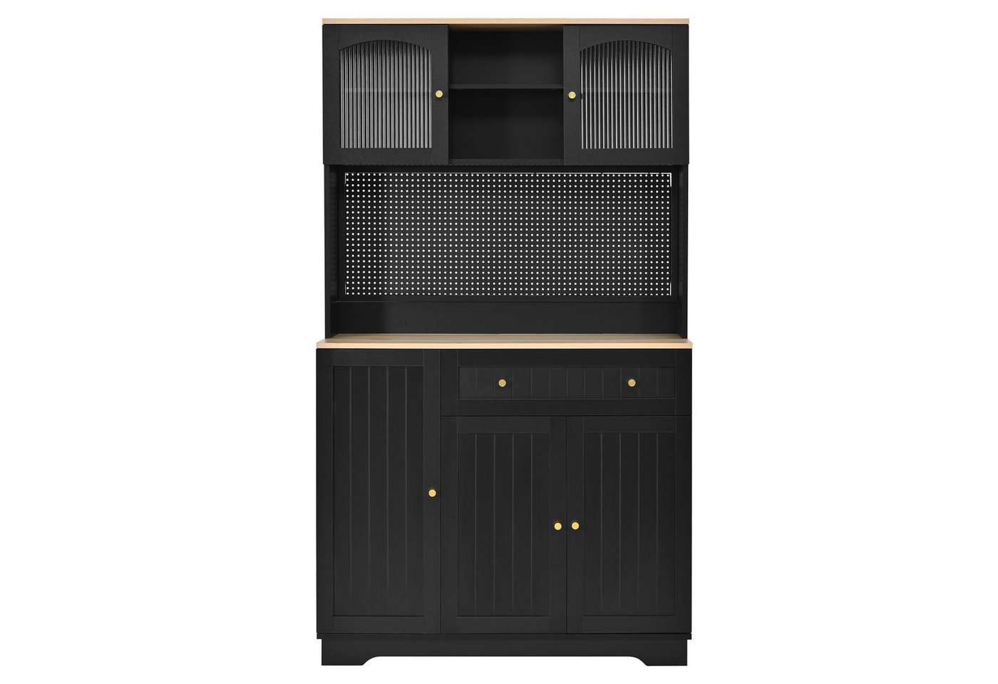 Flieks Küchenbuffet Hochschrank mit Lochwand, Glastüren, verstellbaren Einlegeböden (B103,5xT40xH180 cm) Mehrzweckschrank Küchenschrank mit Arbeitsplatte Vitrine Schwarz Bild 4