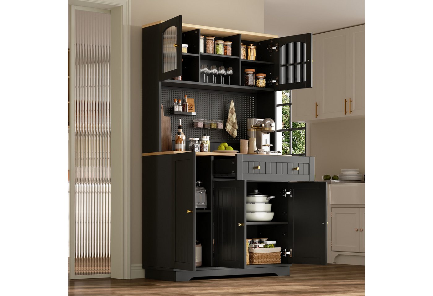 Flieks Küchenbuffet Hochschrank mit Lochwand, Glastüren, verstellbaren Einlegeböden (B103,5xT40xH180 cm) Mehrzweckschrank Küchenschrank mit Arbeitsplatte Vitrine Schwarz Bild 5