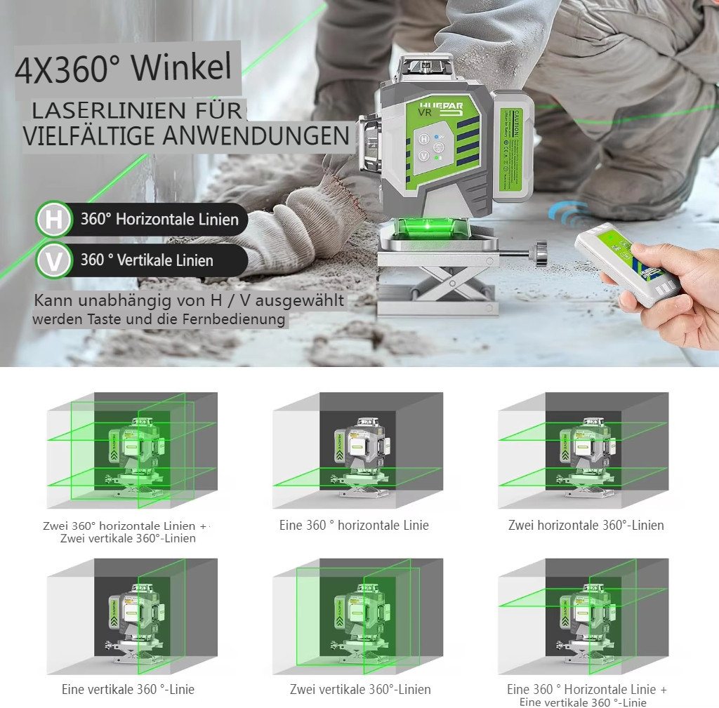 Insma Kreuzlinienlaser Grün 16 Linien 4×360° Linienlaser 4D Lasernivellier Selbstnivellierend, (mit 1x Akku 8000mAh), ±2 mm/10m Laserwasserwaage mit 8000mAh Akku,Fernbedienung, IP54,USB-C