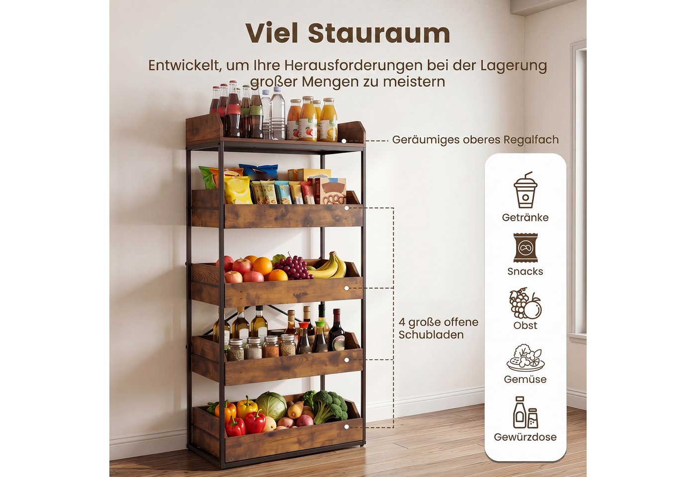 COSTWAY Küchenregal stehend mit 4 ausziehbaren Schubladen Standregal Küche, Holz