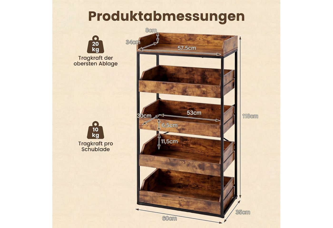 COSTWAY Küchenregal stehend mit 4 ausziehbaren Schubladen Standregal Küche, Holz Bild 2