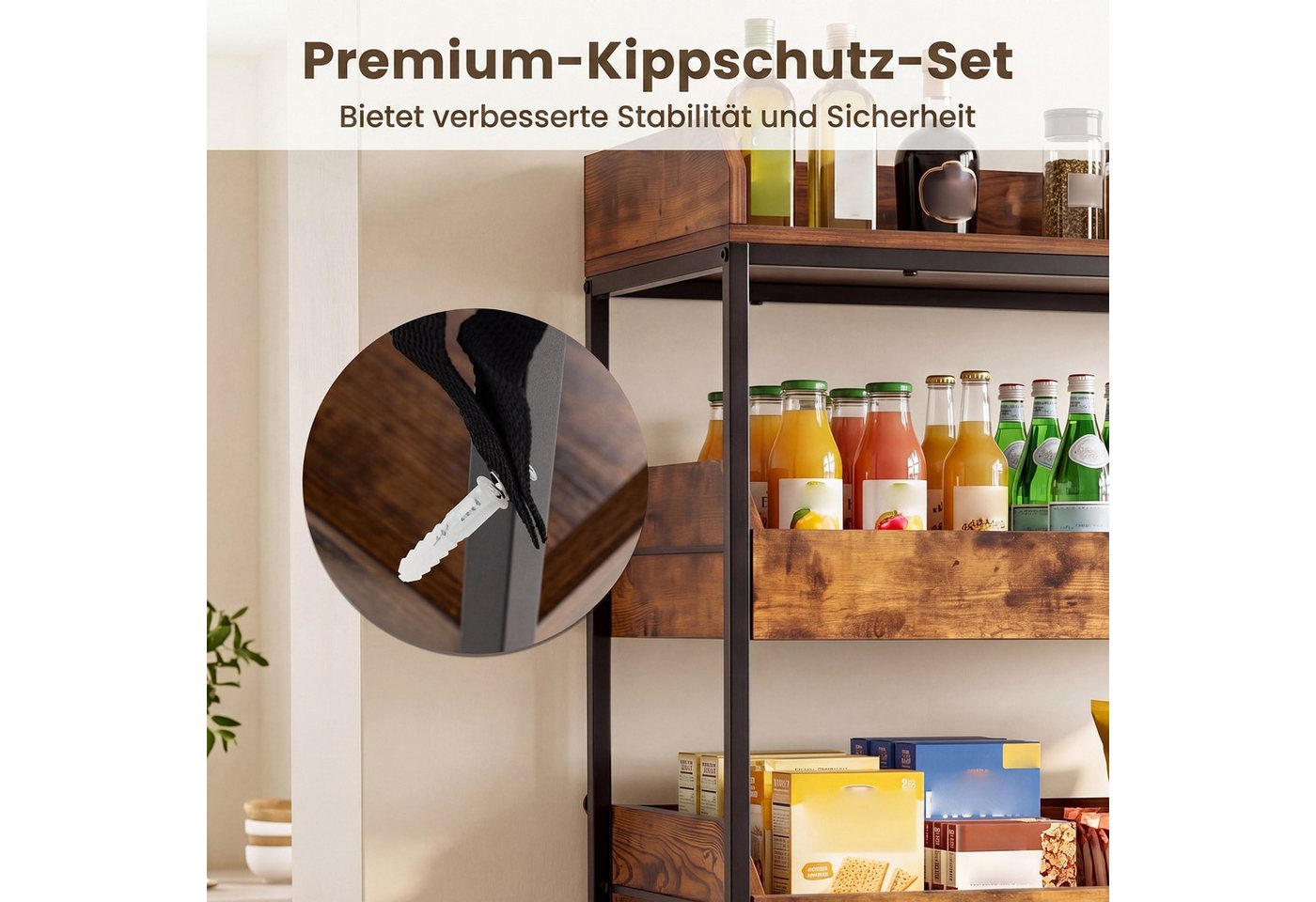 COSTWAY Küchenregal stehend mit 4 ausziehbaren Schubladen Standregal Küche, Holz Bild 3