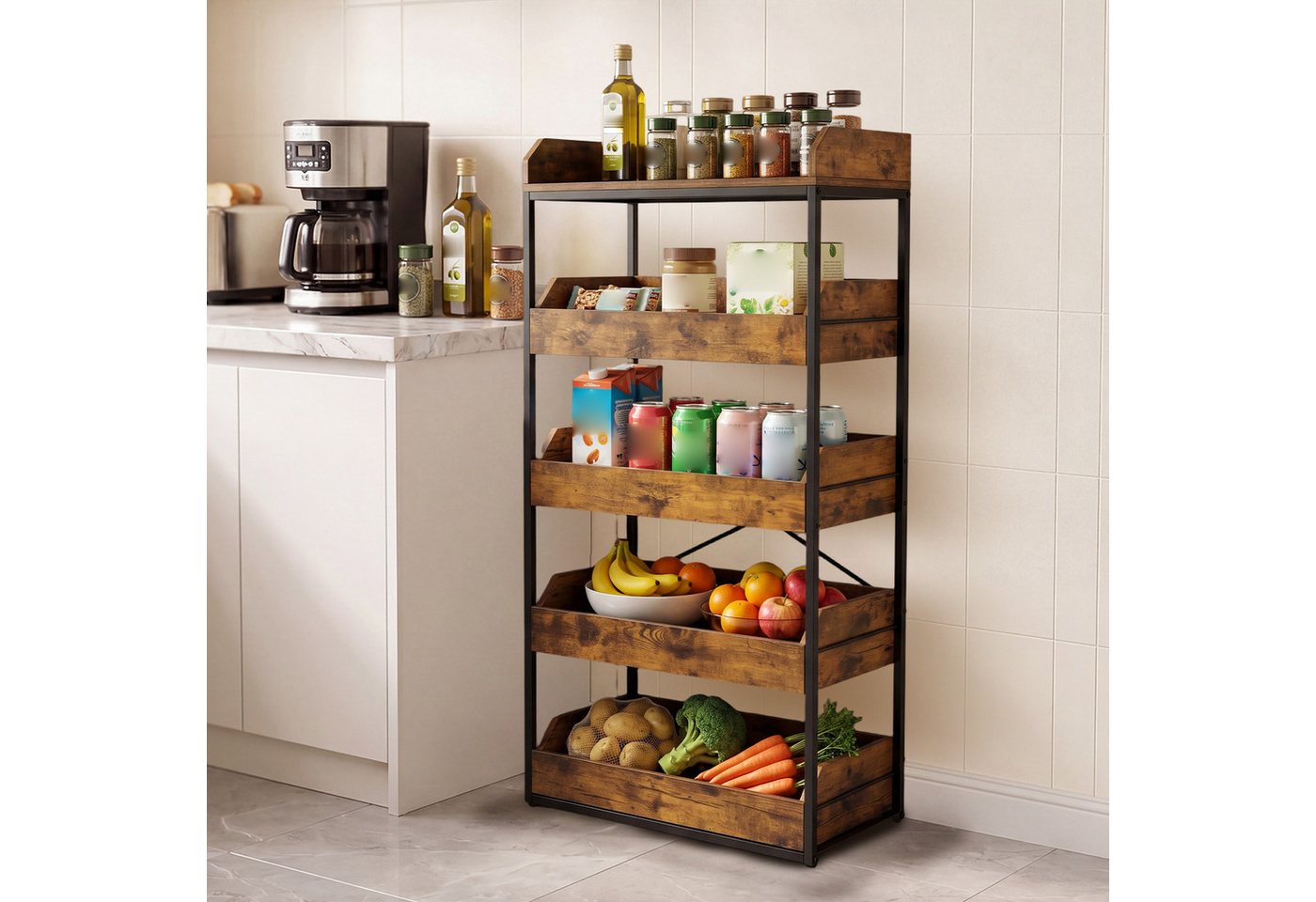 COSTWAY Küchenregal stehend mit 4 ausziehbaren Schubladen Standregal Küche, Holz Bild 5