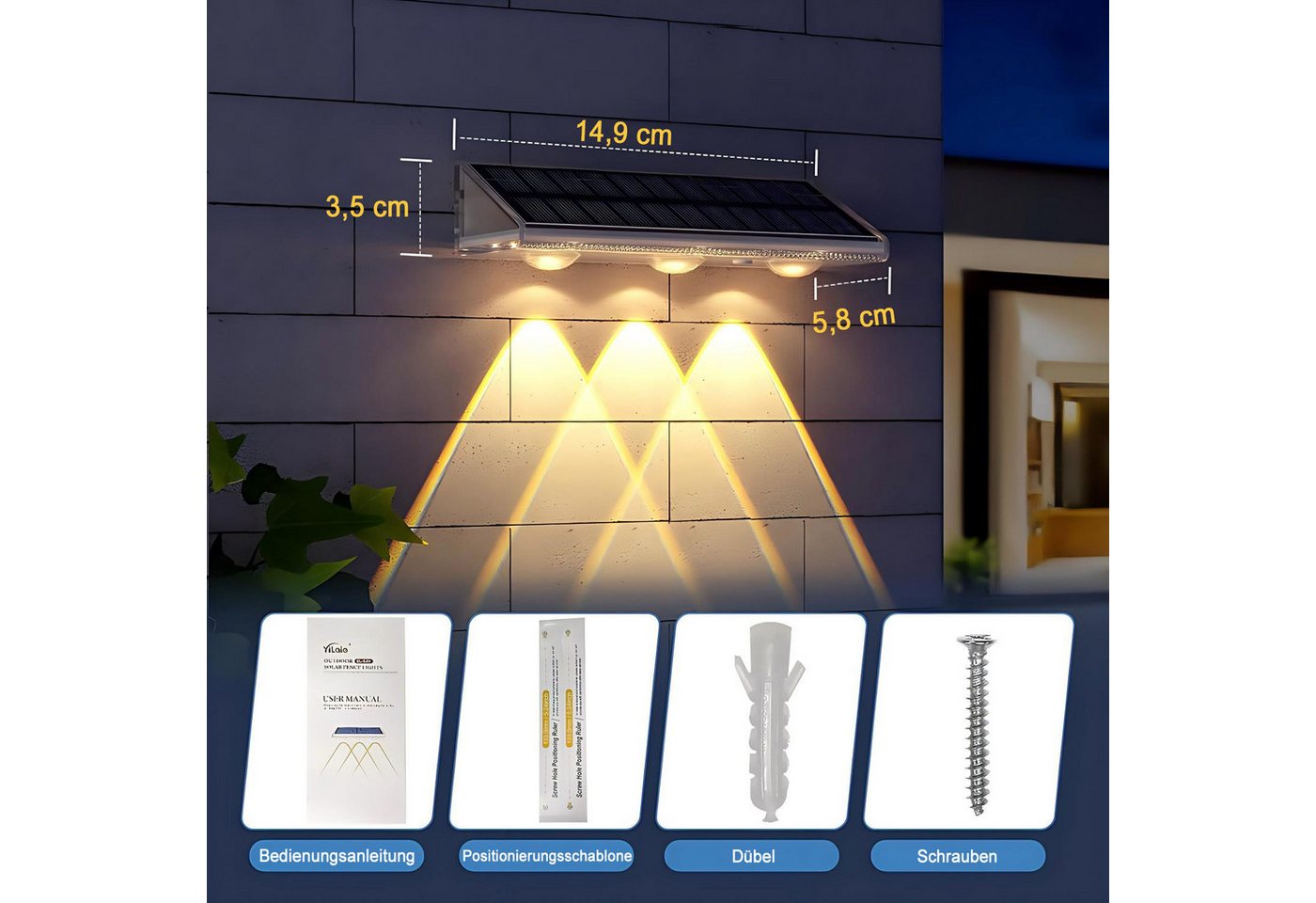 Futicare LED Außen-Wandleuchte Solar, Warmweiß & RGB 6 Farben, IP67, Solarleuchte für Zaun, Garten, Terrasse, Stufen, 4er Set Bild 2